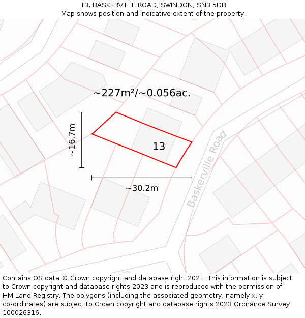 13, BASKERVILLE ROAD, SWINDON, SN3 5DB: Plot and title map