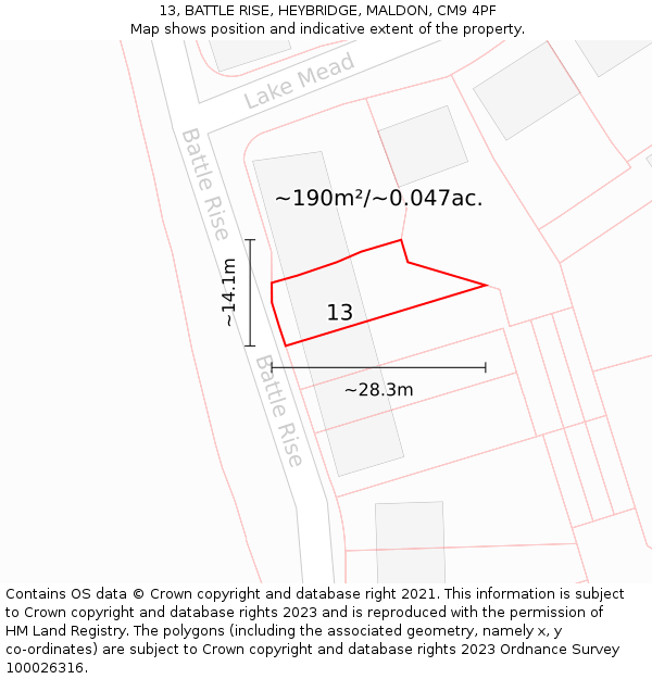 13, BATTLE RISE, HEYBRIDGE, MALDON, CM9 4PF: Plot and title map