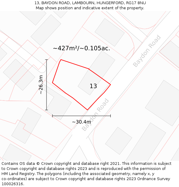 13, BAYDON ROAD, LAMBOURN, HUNGERFORD, RG17 8NU: Plot and title map