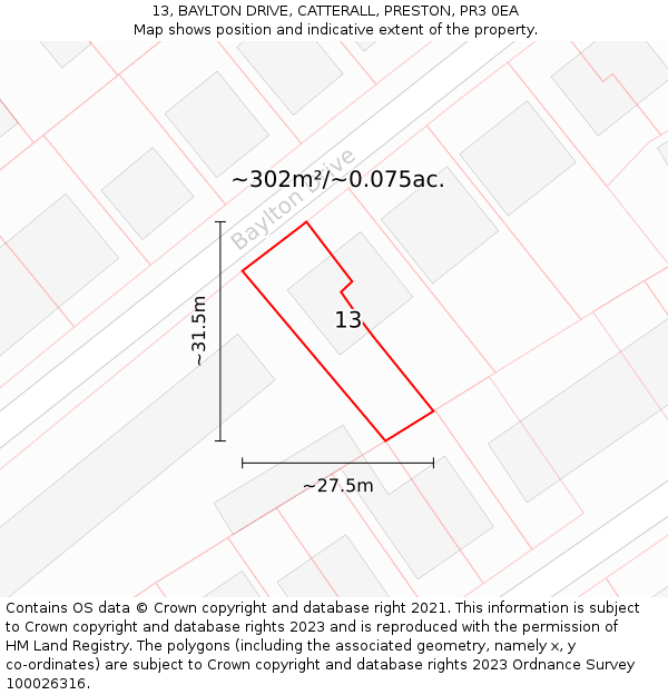 13, BAYLTON DRIVE, CATTERALL, PRESTON, PR3 0EA: Plot and title map