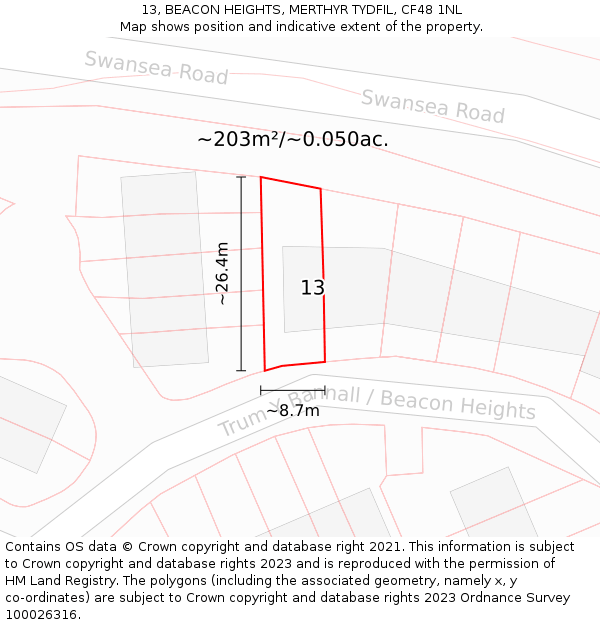 13, BEACON HEIGHTS, MERTHYR TYDFIL, CF48 1NL: Plot and title map