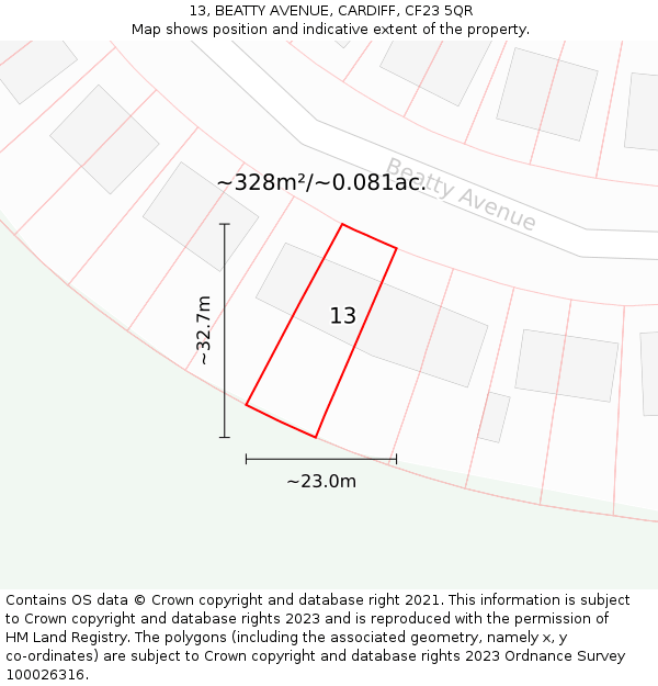 13, BEATTY AVENUE, CARDIFF, CF23 5QR: Plot and title map
