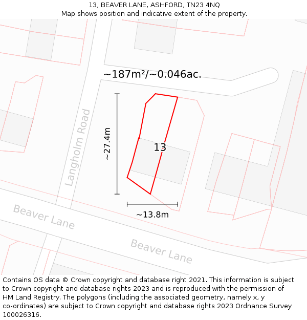 13, BEAVER LANE, ASHFORD, TN23 4NQ: Plot and title map
