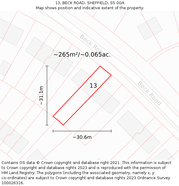 13, BECK ROAD, SHEFFIELD, S5 0GA: Plot and title map