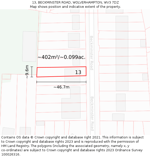 13, BECKMINSTER ROAD, WOLVERHAMPTON, WV3 7DZ: Plot and title map
