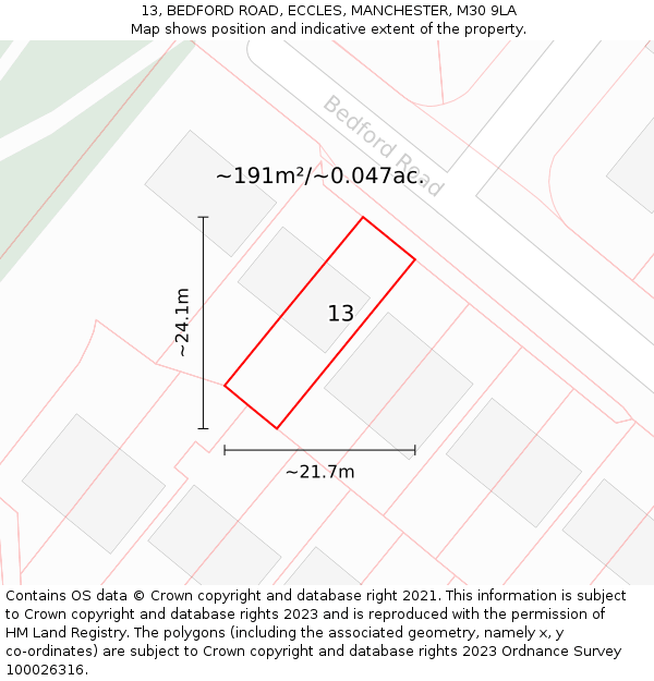 13, BEDFORD ROAD, ECCLES, MANCHESTER, M30 9LA: Plot and title map