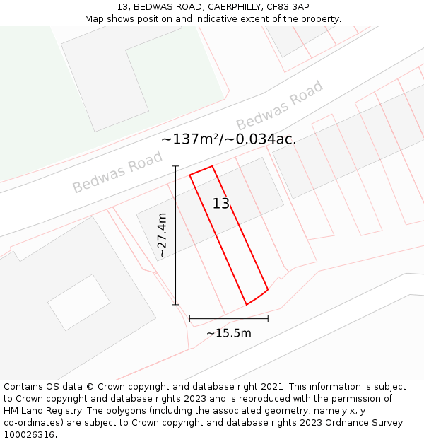 13, BEDWAS ROAD, CAERPHILLY, CF83 3AP: Plot and title map