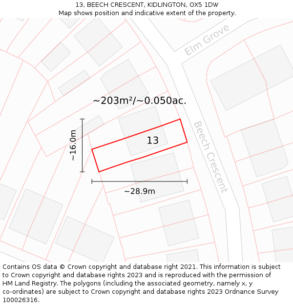 13, BEECH CRESCENT, KIDLINGTON, OX5 1DW: Plot and title map