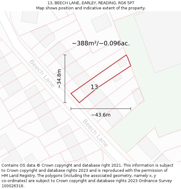 13, BEECH LANE, EARLEY, READING, RG6 5PT: Plot and title map