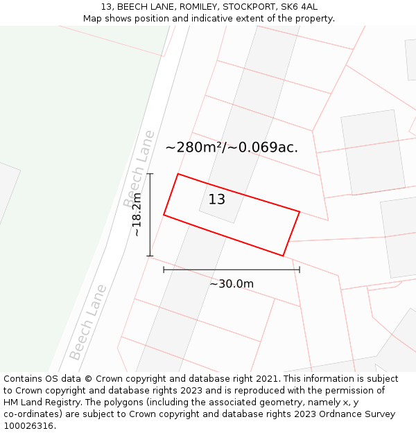 13, BEECH LANE, ROMILEY, STOCKPORT, SK6 4AL: Plot and title map