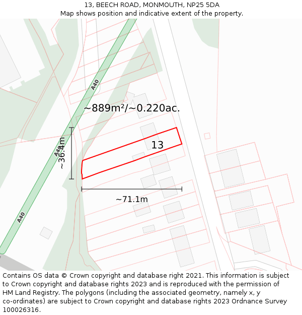 13, BEECH ROAD, MONMOUTH, NP25 5DA: Plot and title map