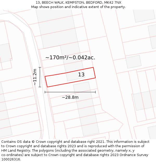 13, BEECH WALK, KEMPSTON, BEDFORD, MK42 7NX: Plot and title map