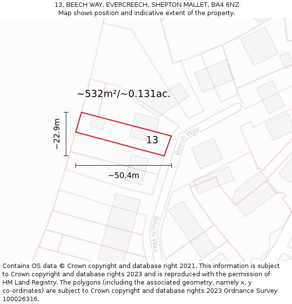 13, BEECH WAY, EVERCREECH, SHEPTON MALLET, BA4 6NZ: Plot and title map