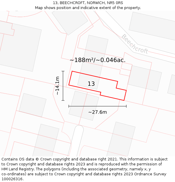 13, BEECHCROFT, NORWICH, NR5 0RS: Plot and title map