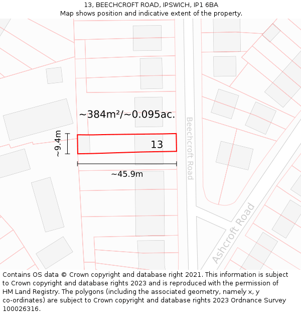 13, BEECHCROFT ROAD, IPSWICH, IP1 6BA: Plot and title map