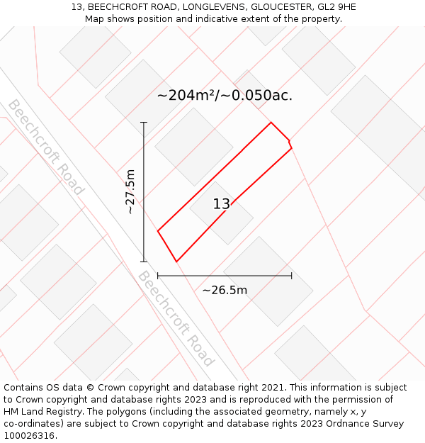 13, BEECHCROFT ROAD, LONGLEVENS, GLOUCESTER, GL2 9HE: Plot and title map