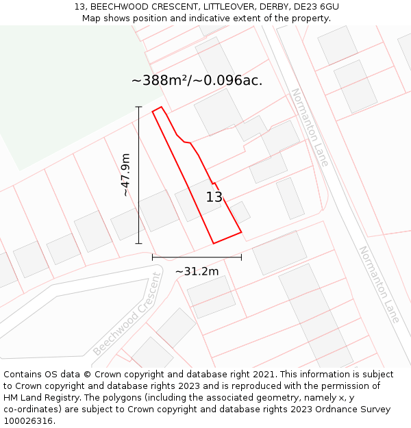 13, BEECHWOOD CRESCENT, LITTLEOVER, DERBY, DE23 6GU: Plot and title map