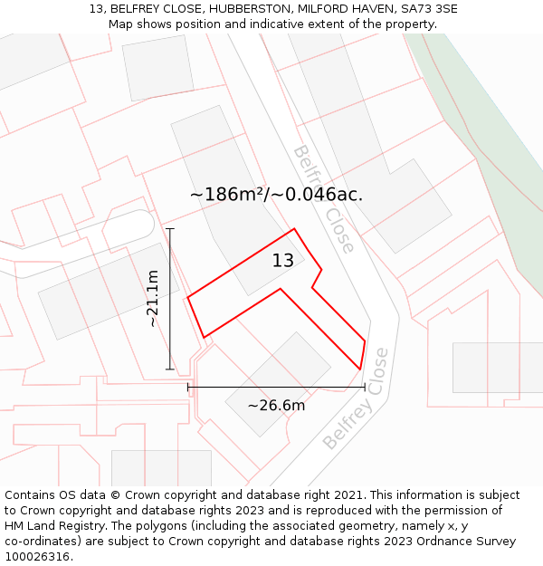 13, BELFREY CLOSE, HUBBERSTON, MILFORD HAVEN, SA73 3SE: Plot and title map