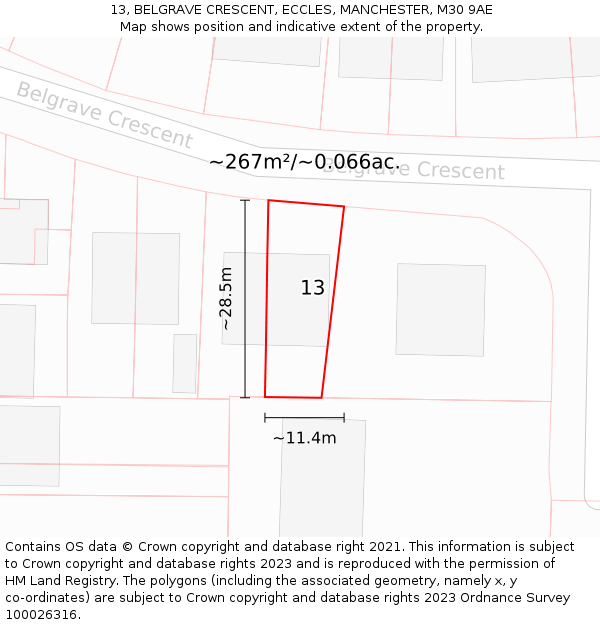 13, BELGRAVE CRESCENT, ECCLES, MANCHESTER, M30 9AE: Plot and title map