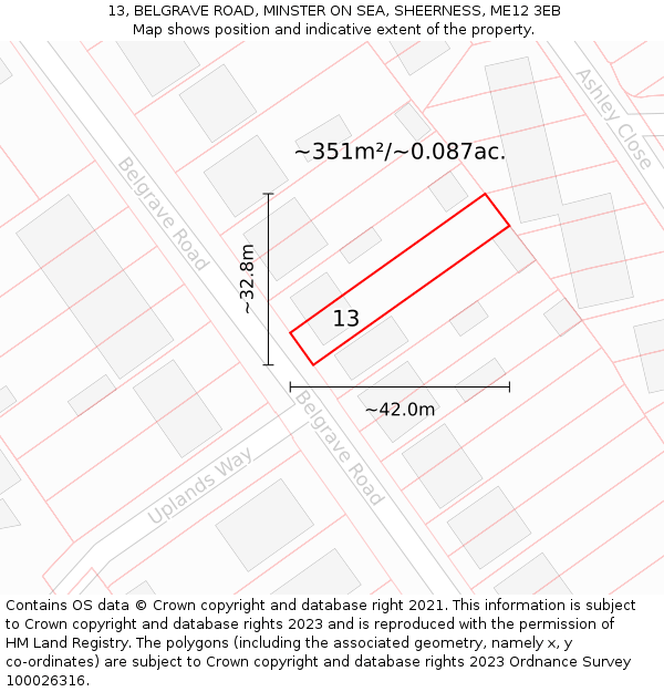 13, BELGRAVE ROAD, MINSTER ON SEA, SHEERNESS, ME12 3EB: Plot and title map