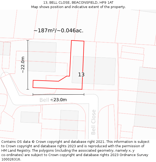 13, BELL CLOSE, BEACONSFIELD, HP9 1AT: Plot and title map