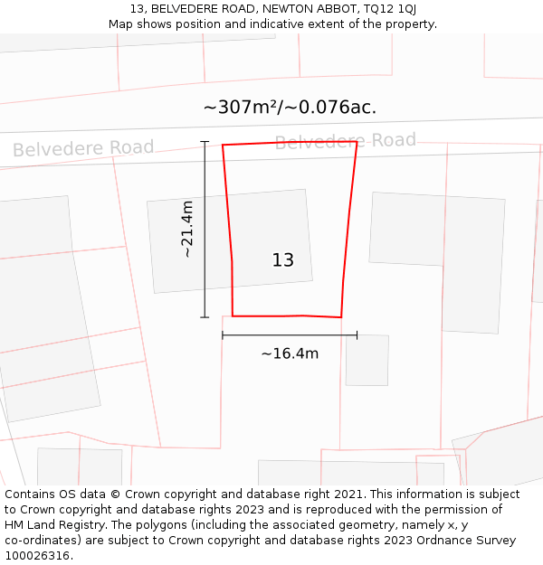13, BELVEDERE ROAD, NEWTON ABBOT, TQ12 1QJ: Plot and title map