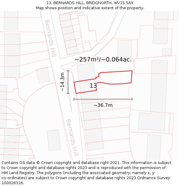 13, BERNARDS HILL, BRIDGNORTH, WV15 5AX: Plot and title map