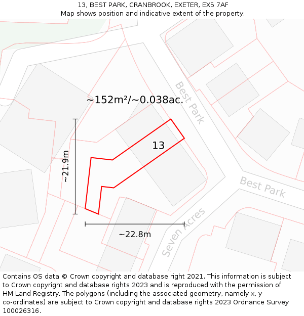 13, BEST PARK, CRANBROOK, EXETER, EX5 7AF: Plot and title map