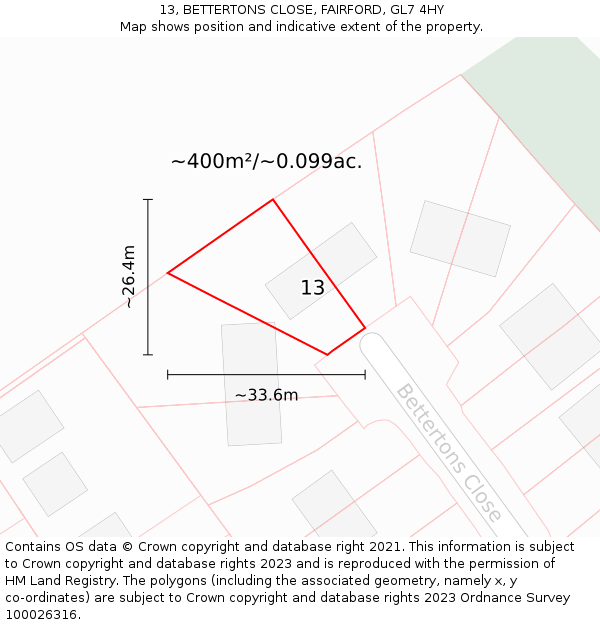 13, BETTERTONS CLOSE, FAIRFORD, GL7 4HY: Plot and title map