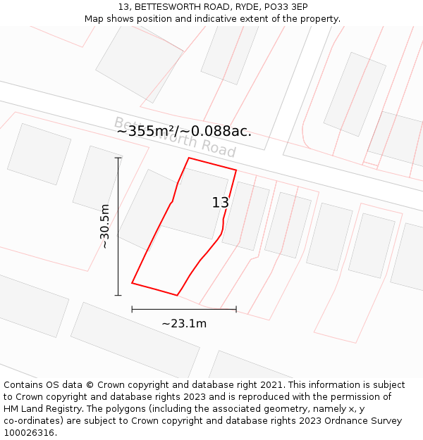 13, BETTESWORTH ROAD, RYDE, PO33 3EP: Plot and title map