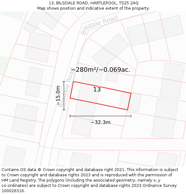 13, BILSDALE ROAD, HARTLEPOOL, TS25 2AQ: Plot and title map