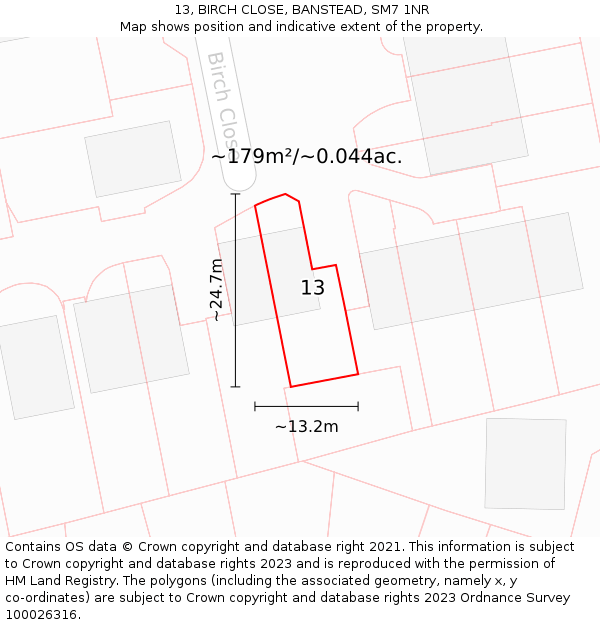 13, BIRCH CLOSE, BANSTEAD, SM7 1NR: Plot and title map