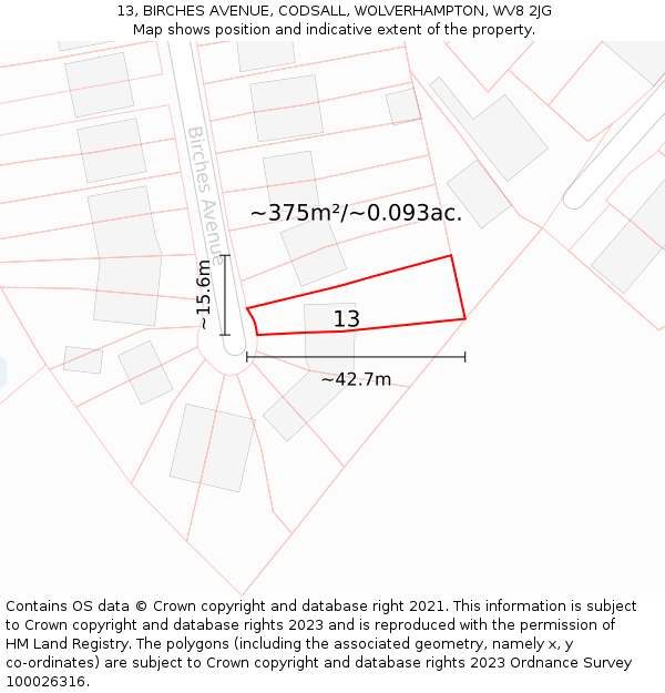 13, BIRCHES AVENUE, CODSALL, WOLVERHAMPTON, WV8 2JG: Plot and title map