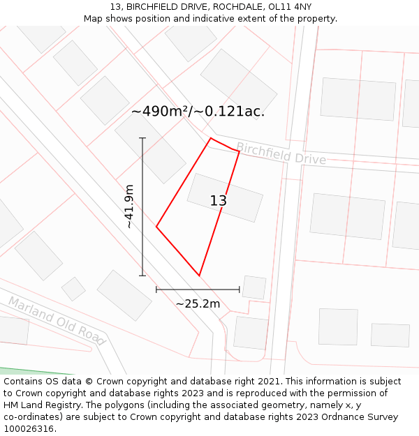 13, BIRCHFIELD DRIVE, ROCHDALE, OL11 4NY: Plot and title map