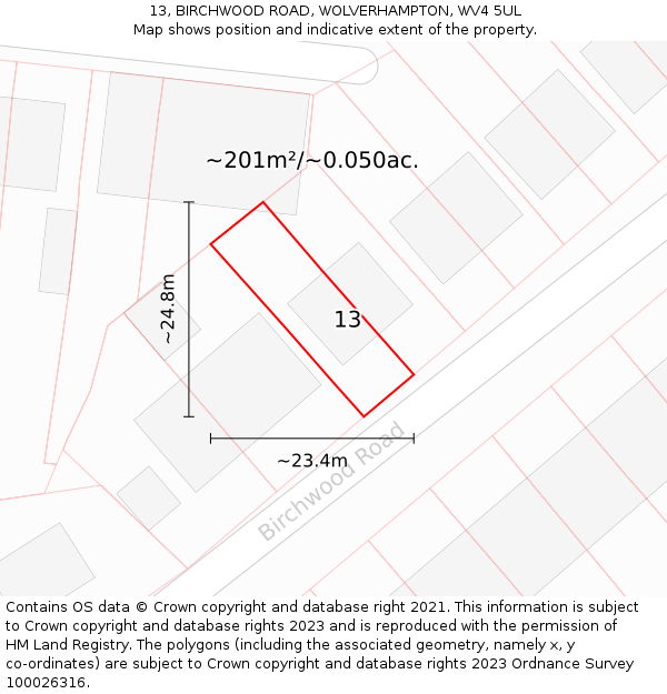 13, BIRCHWOOD ROAD, WOLVERHAMPTON, WV4 5UL: Plot and title map