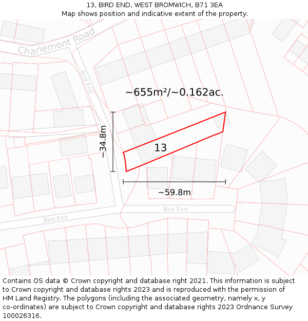 13, BIRD END, WEST BROMWICH, B71 3EA: Plot and title map