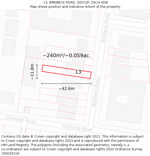 13, BIRKBECK ROAD, SIDCUP, DA14 4DB: Plot and title map