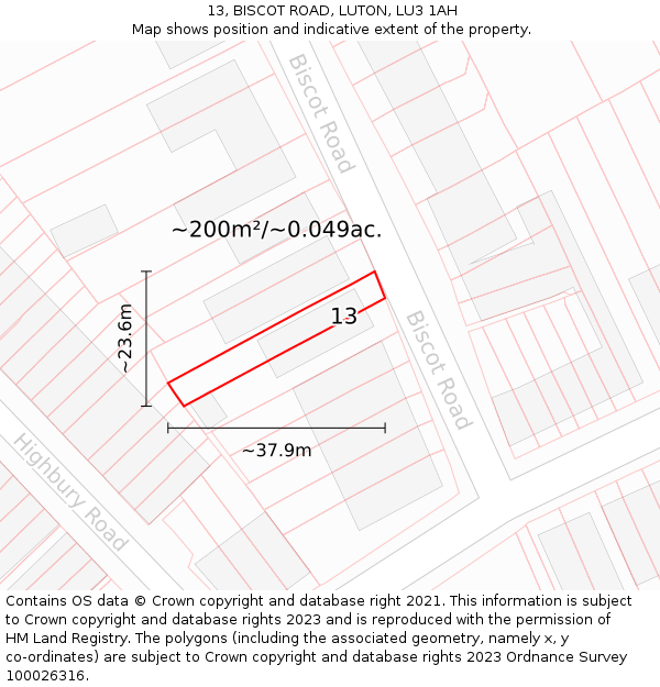 13, BISCOT ROAD, LUTON, LU3 1AH: Plot and title map