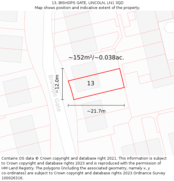 13, BISHOPS GATE, LINCOLN, LN1 3QD: Plot and title map