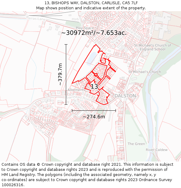 13, BISHOPS WAY, DALSTON, CARLISLE, CA5 7LF: Plot and title map