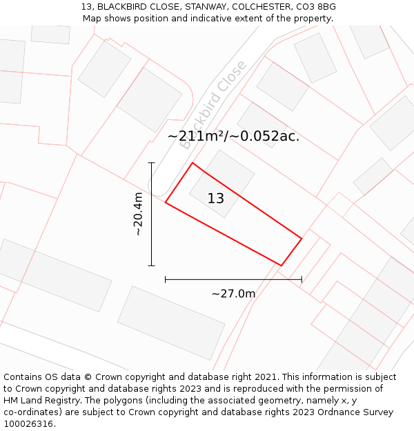 13, BLACKBIRD CLOSE, STANWAY, COLCHESTER, CO3 8BG: Plot and title map
