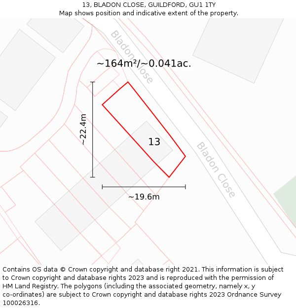 13, BLADON CLOSE, GUILDFORD, GU1 1TY: Plot and title map