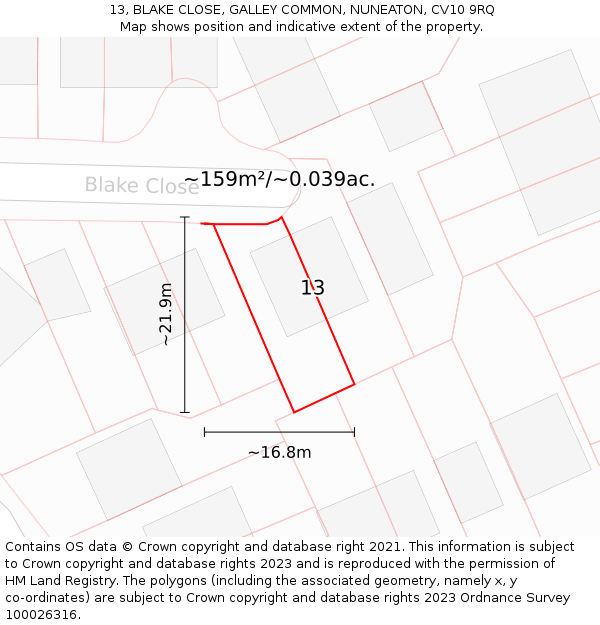 13, BLAKE CLOSE, GALLEY COMMON, NUNEATON, CV10 9RQ: Plot and title map