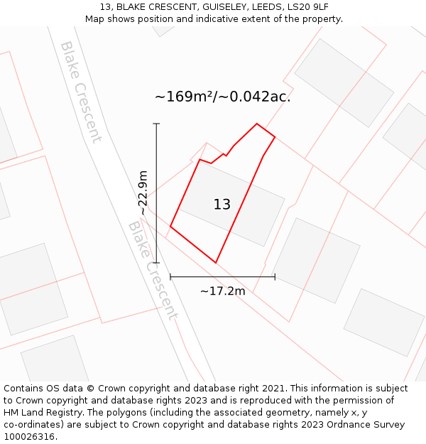 13, BLAKE CRESCENT, GUISELEY, LEEDS, LS20 9LF: Plot and title map