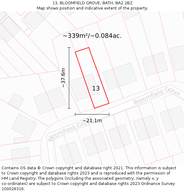 13, BLOOMFIELD GROVE, BATH, BA2 2BZ: Plot and title map
