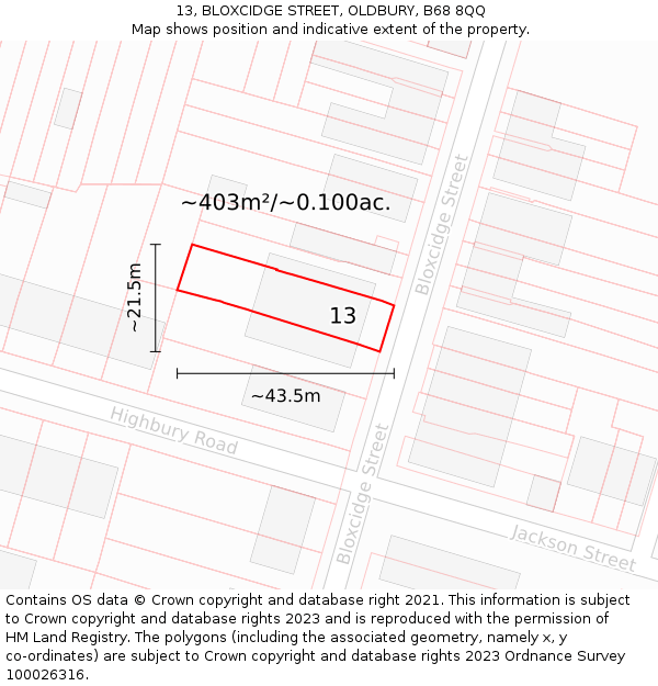 13, BLOXCIDGE STREET, OLDBURY, B68 8QQ: Plot and title map