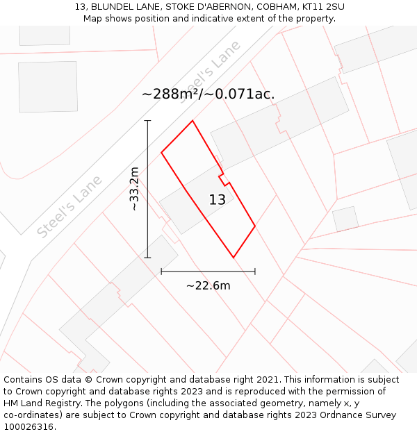 13, BLUNDEL LANE, STOKE D'ABERNON, COBHAM, KT11 2SU: Plot and title map