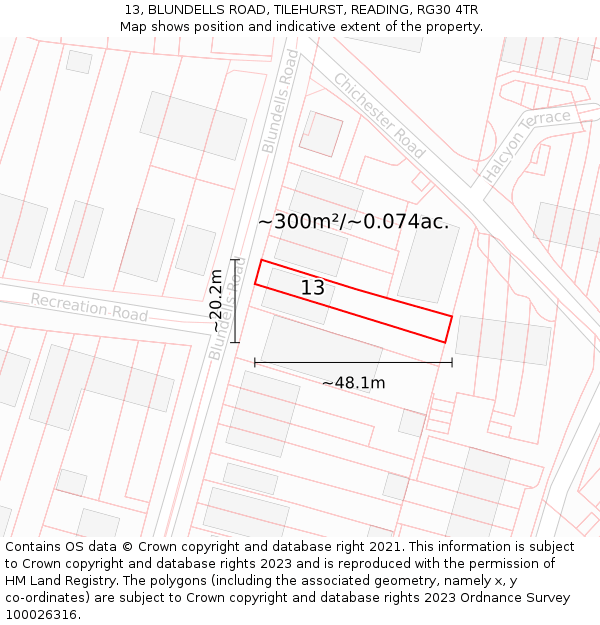 13, BLUNDELLS ROAD, TILEHURST, READING, RG30 4TR: Plot and title map