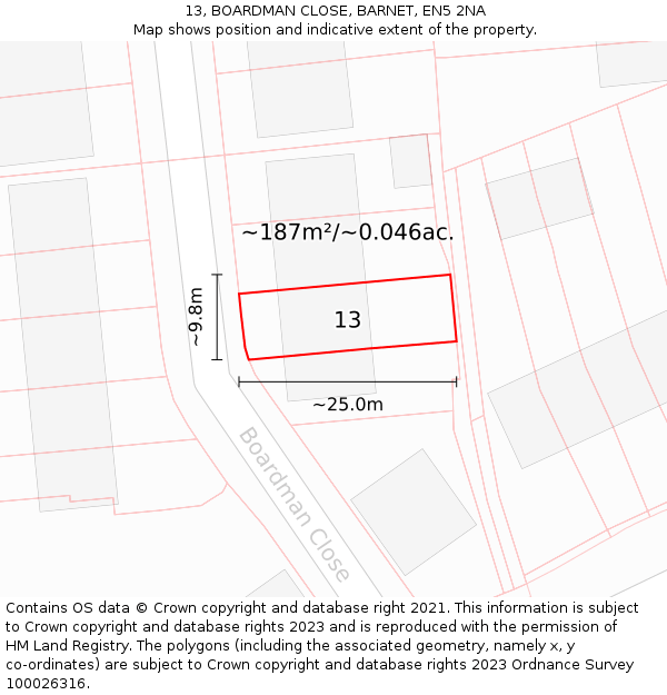 13, BOARDMAN CLOSE, BARNET, EN5 2NA: Plot and title map