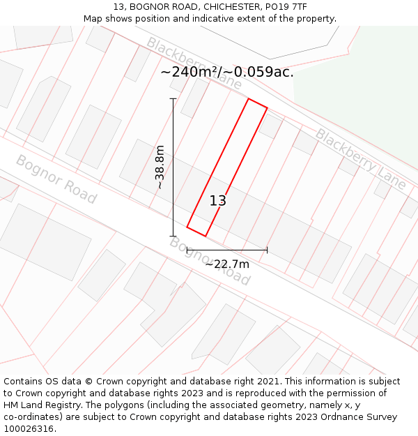 13, BOGNOR ROAD, CHICHESTER, PO19 7TF: Plot and title map